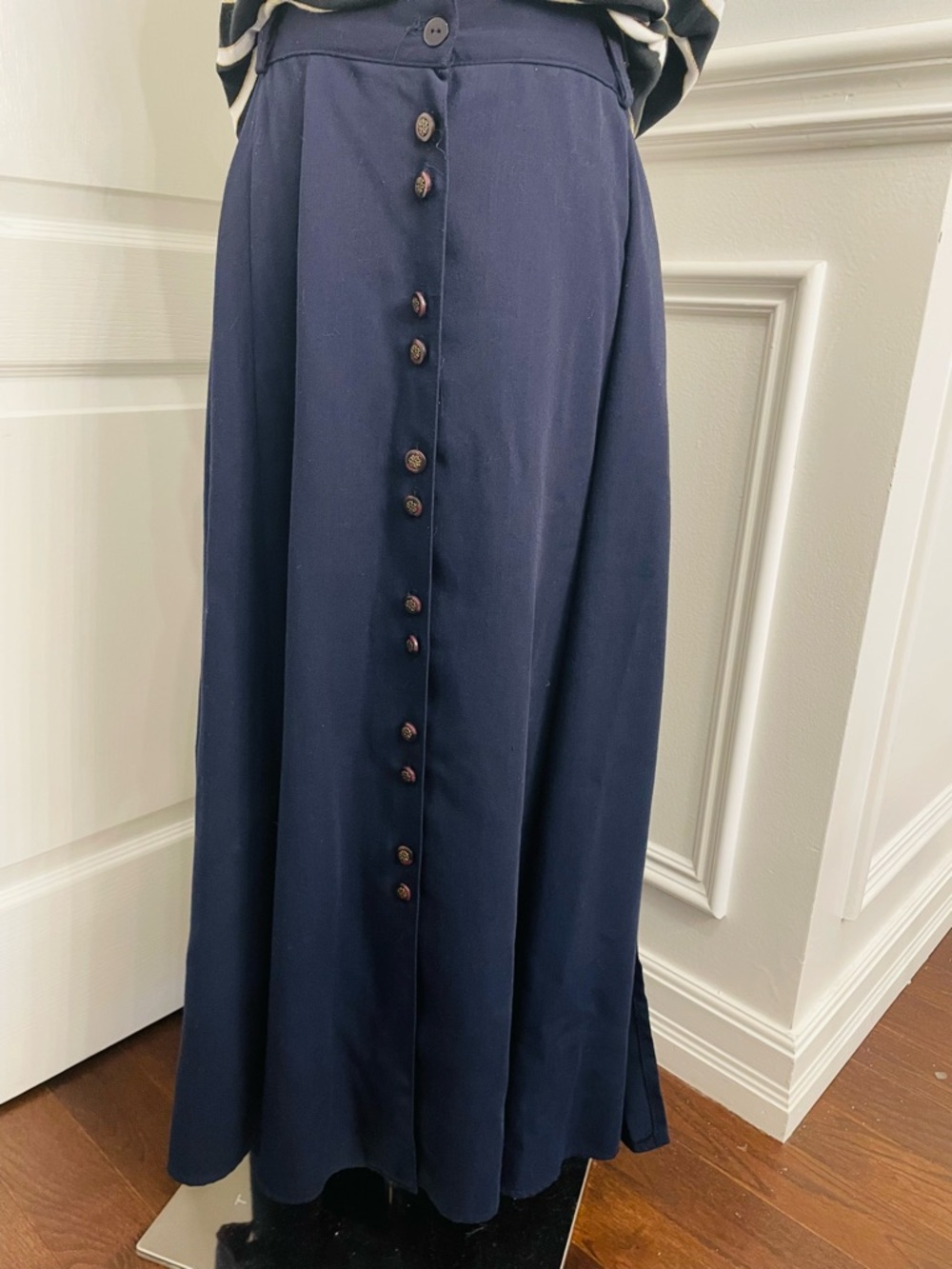 audrey Navy Button-Front Maxi Skirt with Side Slits on both sides - Picture 2 of 7